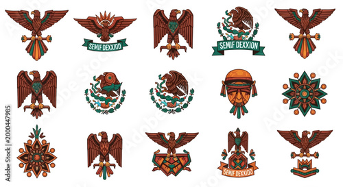 A collection of vectorized Mexican eagle emblems, symbols of Cinco de Mayo, is presented in a flat lay against a bright white background with intricate detailing and a patriotic mood