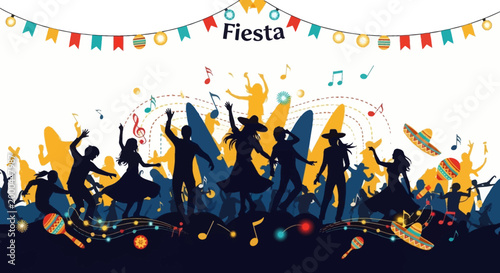 Silhouetted revelers celebrate Cinco de Mayo against a white backdrop, accented with musical notes and traditional fiesta elements, styled with vibrant colors and festive bunting