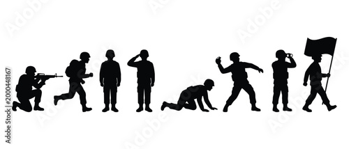 Silhouettes of soldiers performing military actions, including running, crawling, and holding a flag.