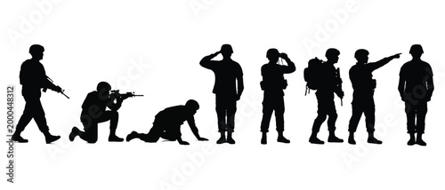 Diverse group of soldiers depicted in silhouette, showcasing different military actions and stances.