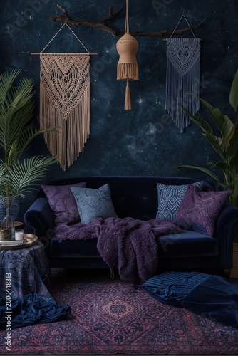 Mystical living room interior in dark colors. As if a witch lives there.