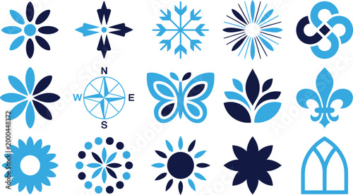 Assorted abstract and symbolic icons in blue and dark blue on white background.