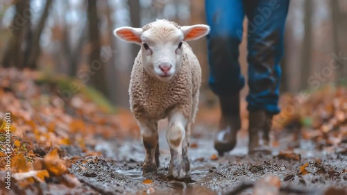 Lamb walking in autumn forest with man in background. Jesus Lost Sheep, Good Shepherd Parable, Biblical Story, Lost and Found Sheep - Christian Religious Narrative