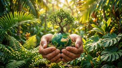 Hands protecting a small green globe with a thriving tree, tropical summer background, rich foliage textures and warm natural light, hopeful ecology-focused atmosphere, ultra-realistic, no logos.
