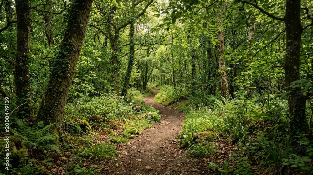 Fototapeta premium A peaceful forest path winding through lush greenery, filtered sunlight and soft earth tones inviting quiet serenity, ultra-realistic, no logos.