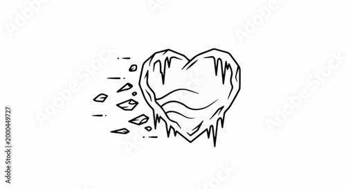 A stark illustration depicts a frozen heart with icicles, accompanied by fragments