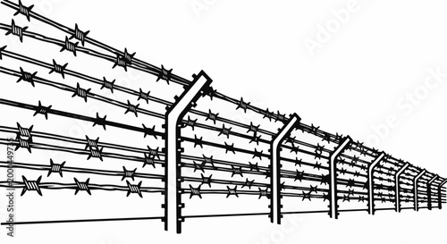 A stark, linear perspective of a barbed wire fence stretches into the distance