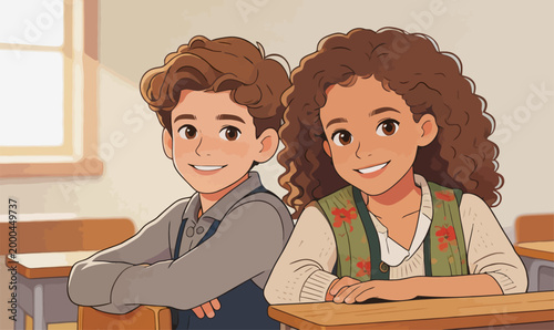 Two Smiling Schoolchildren Sitting in a Classroom