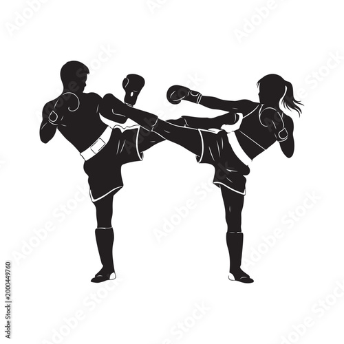 Vector silhouette of male and female kickboxers fighting in a martial arts match isolated on white background