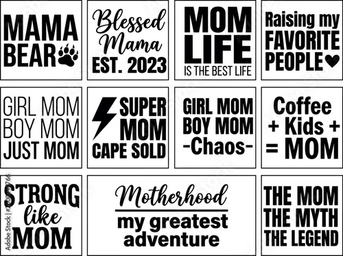 Mother's Day Collection of motherhood typography designs for apparel printing and digital crafting projects celebrating maternal identity and family life