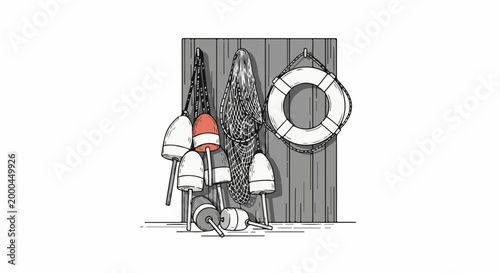 A sketch of nautical gear buoys, a net, and a life preserver