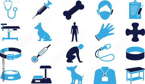 Blue and dark blue vector icons for veterinary medical equipment pets and healthcare professionals.