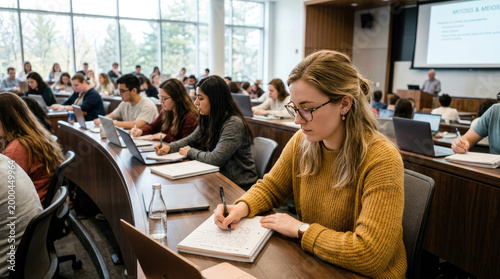 Focused female student taking notes in a notebook during a university lecture.