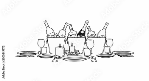 A sketched table setting with chilled bottles, candles, and plates