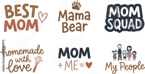 Mother's Day Collection of motherhood and family themed typography designs for apparel printing and greeting card creation celebrating maternal bonds and domestic life