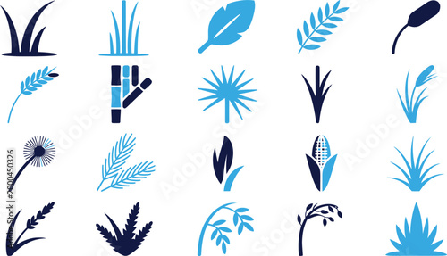 Assortment of natural plant and grass icons in blue and dark blue.