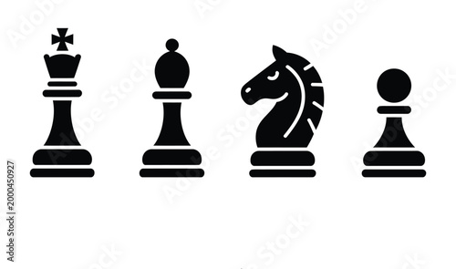 Chess pieces icon, king bishop knight pawn designs, strategy board game symbols, tactical competition concept, vector illustration