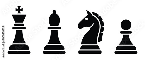 Chess pieces icon, king bishop knight pawn symbols, strategy board game concept, classic competition graphics, vector illustration