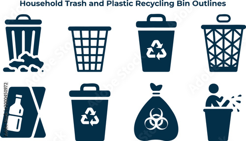 Essential household trash and plastic recycling bin outlines depicted as modern dark blue vector icons