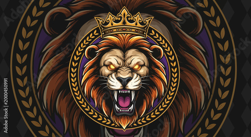 vector illustration of a roaring lion with crown and laurel wreath