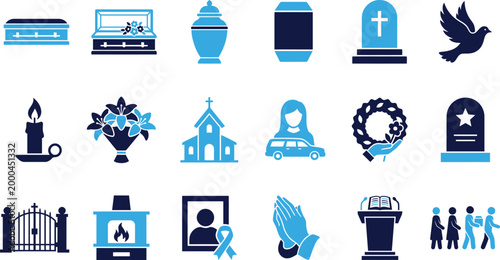 Collection of funeral and memorial flat icons for web design and applications.