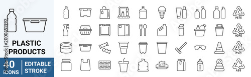 Set of 40 outline icons related to Plastic products. Linear icon collection. Editable stroke. Vector illustration