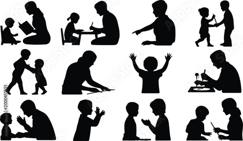 Parents with Kids Silhouette Icon Collection Set Family Parents and Children