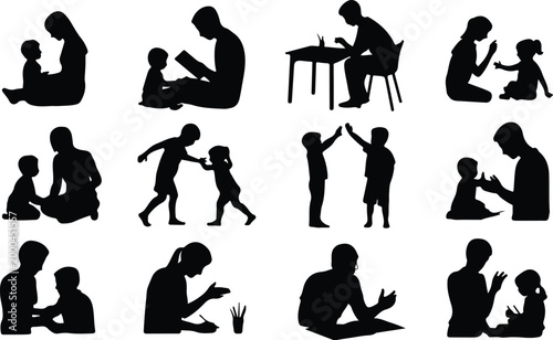 Parents with Kids Silhouette Icon Collection Set Family Parents and Children