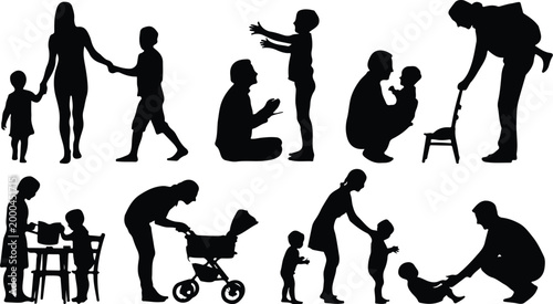 Parents with Kids Silhouette Icon Collection Set Family Parents and Children