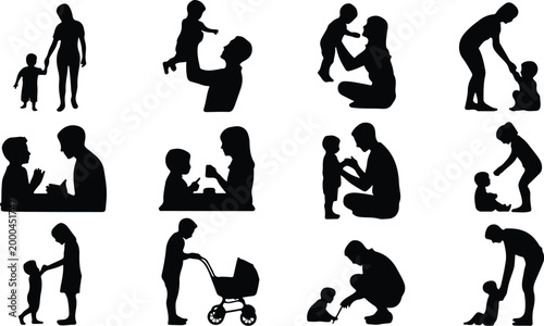 Parents with Kids Silhouette Icon Collection Set Family Parents and Children