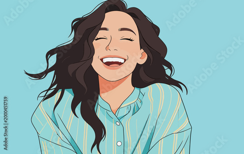 Happy smiling young woman with wavy dark hair laughing happily