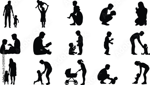 Parents with Kids Silhouette Icon Collection Set Family Parents and Children