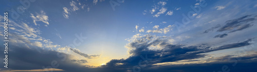 Blue sunset sky, panoramic nature background