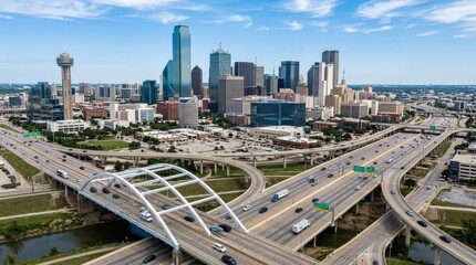 Dallas Texas downtown skyline and freeway, major city infrastructure, urban travel and business concept, modern towers, sweeping highway lines, clear daylight, realistic architectural detail, dynamic