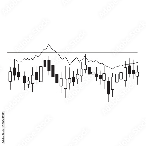 Minimalist black and white candlestick chart and line graph vector illustration isolated on white background