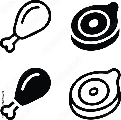 Set of two graphic icons representing raw chicken drumsticks and steak slices isolated on transparent background