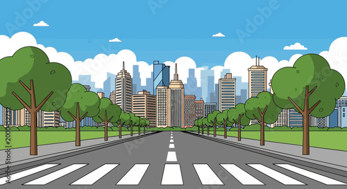 Cityscape Road with Trees and Crosswalk, Urban Skyline Background