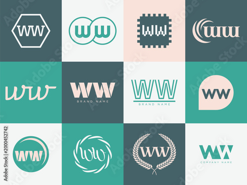 WW logo company template. Letter w and w logotype. Set different classic serif lettering and modern bold text with design elements. Initial font typography.