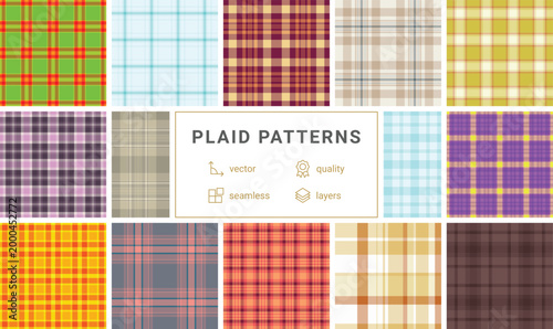High contrast plaid pack advertising visuals. Bold tartan geometry grabs attention. Vector scalability enables size freedom.