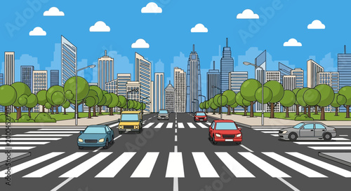Cityscape with Cars on Road and Pedestrian Crossing, Urban Traffic Scene