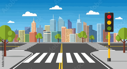 Cityscape with Pedestrian Crossing and Traffic Light