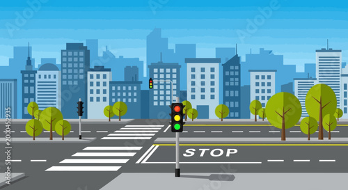 City intersection with traffic lights, crosswalk, and skyscrapers in background