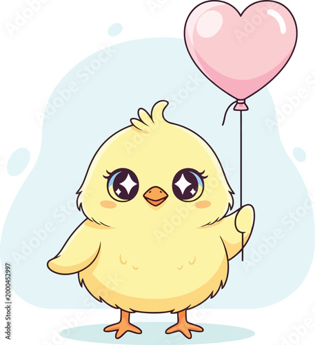 Kawaii baby chick vector illustration, cute yellow bird holding a pink heart balloon, adorable cartoon chicken character for greeting cards