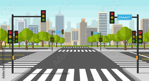 City Street Intersection with Traffic Lights and Crosswalks, Urban Landscape