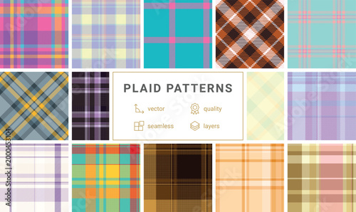 Plaid pattern set for casual British-style clothing. Seamless vectors ideal for lumberjack shirts, jackets, scarves, and printable digital papers.
