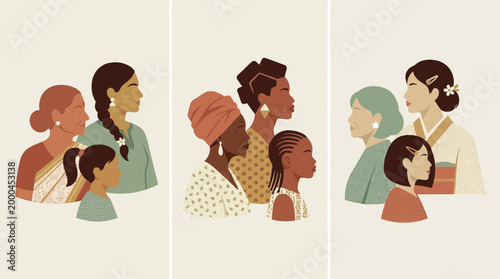 Mother's Day Diverse women and girls from various cultures standing together to represent global sisterhood, female empowerment, and international community inclusion for social advocacy