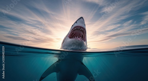 Great white shark emerges from blue ocean water with open jaws at sunset