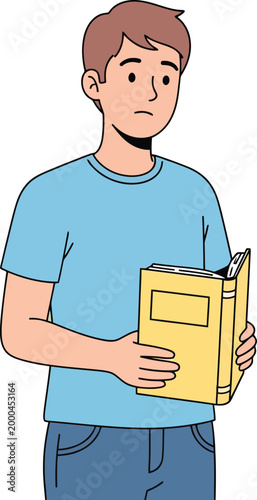 Confused young man holding a yellow book, student looking puzzled while reading, flat vector illustration of a male character studying