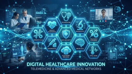 Digital healthcare technology with glowing hexagonal medical icons on a blue background, telemedicine and health innovation concept with clean modern interface, realistic detail, no logos