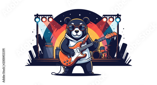 cartoon bear playing guitar on stage